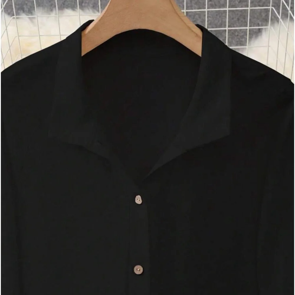 Plus Size Classic Elegant Roll Up Button Down Shirt Dress Black - Picture 3 of 9
